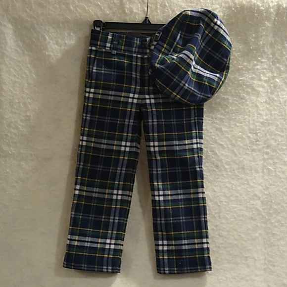 Janie and Jack - Navy Blue Tartan Plaid Wool Pants & Flat Cap Hat - Christmas - Picture 3 of 4